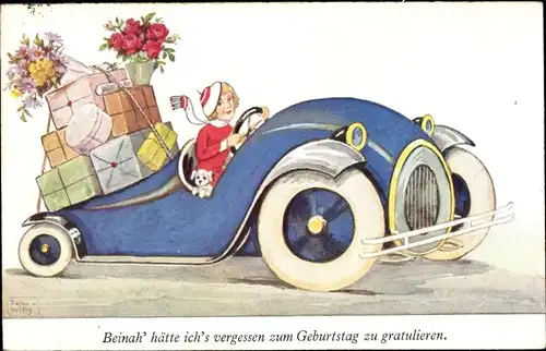 Künstler Ak Wills, John, Glückwunsch zum Geburtstag, Frau im Automobil, Blumen, Geschenke