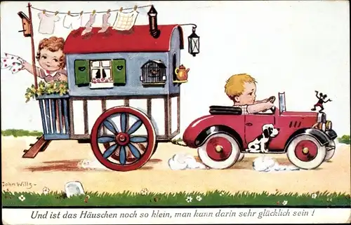 Künstler Ak Wills, John, Kinder mit Wohnwagen und Automobil