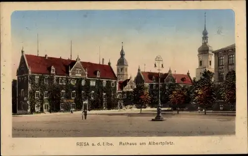 Ak Riesa an der Elbe Sachsen, Rathaus, Albertplatz, Türme