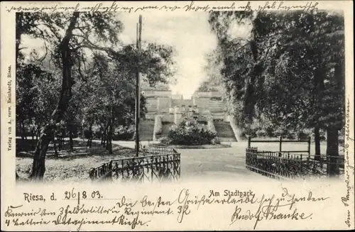 Ak Riesa an der Elbe Sachsen, Stadtpark, Treppe, Brücke