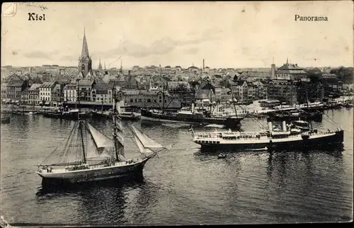 Ak Kiel, Panorama, Hafen, Dampfschiff, Segelschiff