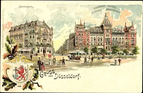 Litho Düsseldorf am Rhein, Bahnhofsplatz, Bahnhof-Hotel, Wappen