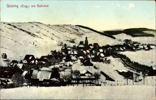 Ak Geising Altenberg im Erzgebirge, Ortsansicht, Bahnhof, Winter