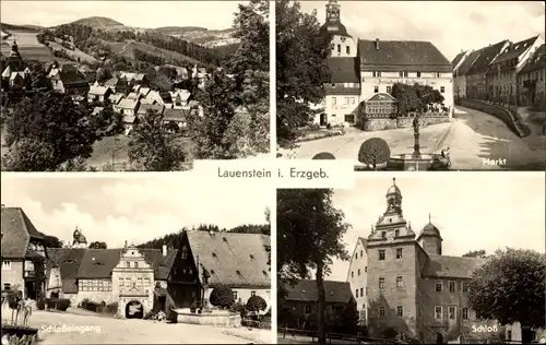 Ak Lauenstein im Erzgebirge, Schloss, Markt, Schlosseingang, Panorama