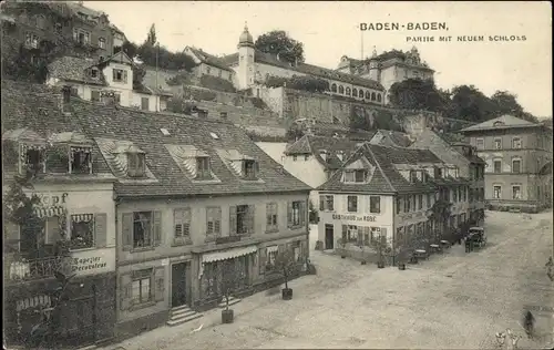 Ak Baden Baden am Schwarzwald, Teilansicht, neues Schloss, Gasthaus zur Rose, Geschäfte