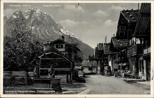 Ak Garmisch Partenkirchen in Oberbayern, Frühlingsstraße, Zugspitze