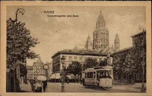 Ak Mainz am Rhein, Gutenbergplatz und Dom, Straßenbahn 38