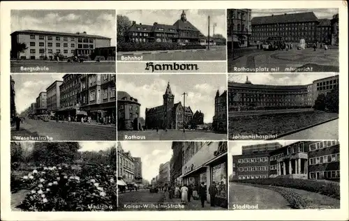 Ak Hamborn Duisburg im Ruhrgebiet, Bergschule, Bahnhof, Rathaus, Rathausplatz, Stadtpark, Stadtbad