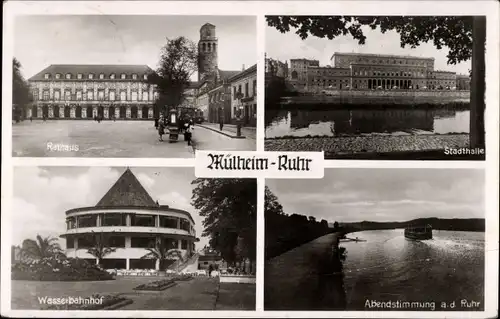 Ak Mülheim an der Ruhr, Rathaus, Stadthalle, Wasserbahnhof, Abendstimmung
