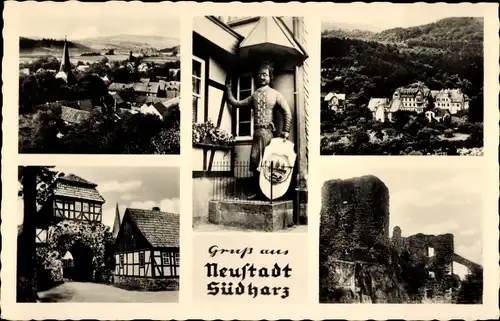 Ak Neustadt im Harz, Roland, Wappen, Blick auf den Ort, Tor, Fachwerkhaus