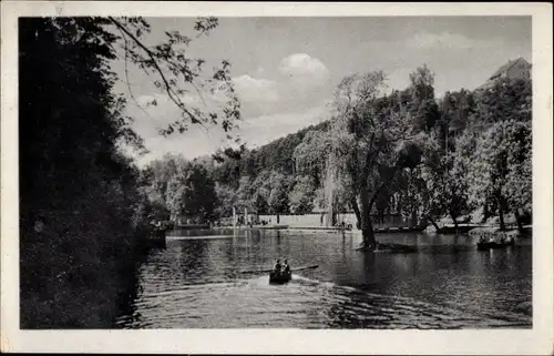 Ak Stadtroda in Thüringen, Badeanstalt, Ruderboot