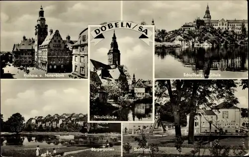 Ak Döbeln in Sachsen, Rathaus, Notenbank, Schlossberg, Schule, Bürgergarten, Stadtbad, Nikolaikirche