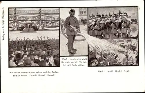 Ak Hamburg Mitte, Feuerwehrmann, Wir wollen unseren Kaiser sehen und den Zapfenstreich hören