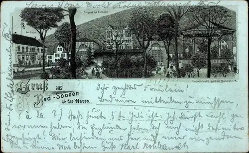 Mondschein Litho Bad Sooden Allendorf an der Werra Hessen, Kurpark mit Kurhalle am Abend