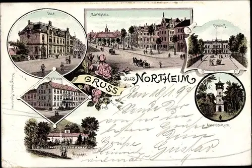 Litho Northeim in Niedersachsen, Post, Marktplatz, Bahnhof, Hotel Sonne, Brunnen, Aussichtsturm