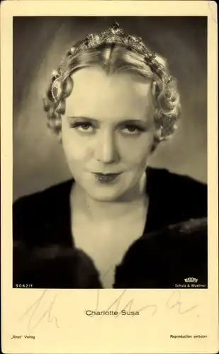 Ak Schauspielerin Charlotte Susa, Portrait, Autogramm