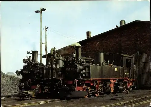 Ak Eisenbahn, Schmalspurbahn Oschatz Kemmlitz, Dampflokomotive 991562, 991574, Lokschuppen Mügeln