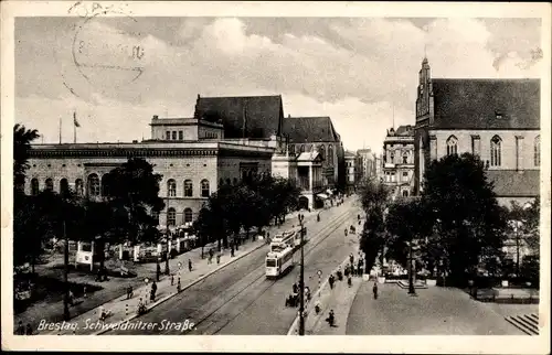 Ak Wrocław Breslau Schlesien, Partie in der Schweidnitzer Straße, Straßenbahn