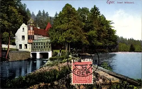 Ak Cheb Eger Reg. Karlsbad, Insel Mühlerl, Cafe Restauration