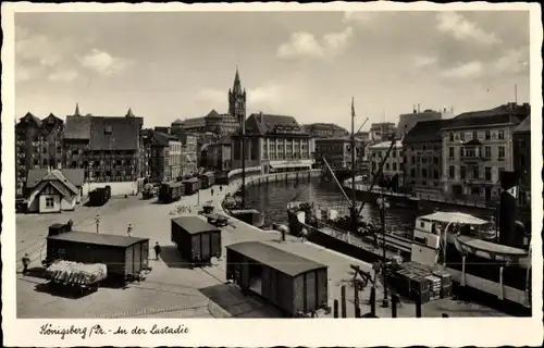 Ak Kaliningrad Königsberg Ostpreußenm An der Lastadie, Güterwaggons, Schiff