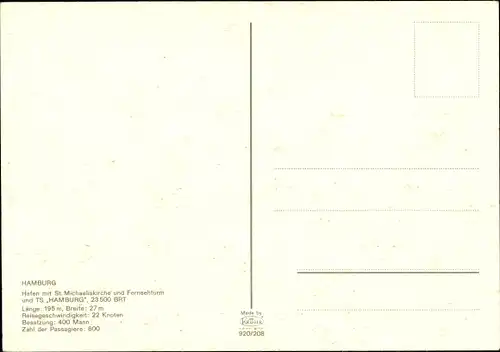 Ak Hamburg, TS Hamburg, Hamburg Atlantic Line, Michaeliskirche, Fernsehturm