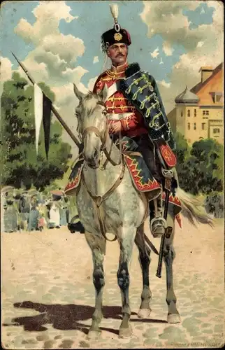 Künstler Litho Hoffmann, A., Deutscher Soldat, Husar, Kavallerie, Pferd, Lanze