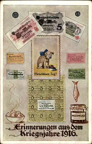 Ak Erinnerungen aus dem Kriegsjahre 1916, Fleischloser Tag, Fisch, Marmelade, Bezugskarte