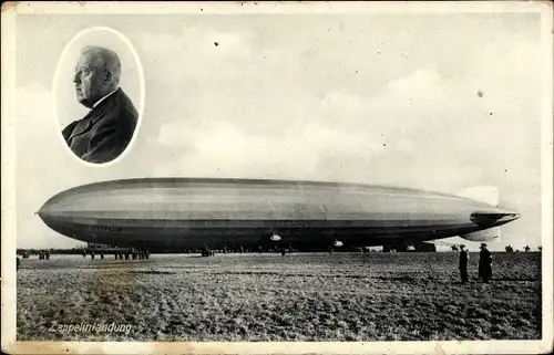 Ak Zeppelin Luftschiff, Landung auf einem Feld, Portrait Hugo Eckener