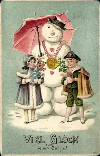 Präge Ak Fröhliches Neujahr, Schneemann mit Schirm, Kinder