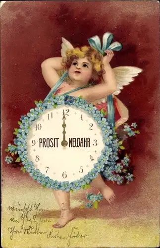 Präge Ak Fröhliches Neujahr, Engel, Uhr, Vergissmeinnicht