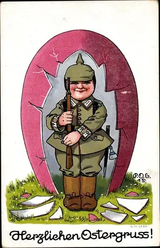 Künstler Ak Engelhard, P. O. E., Frohe Ostern, Soldat auf Wachposten, Eierschale