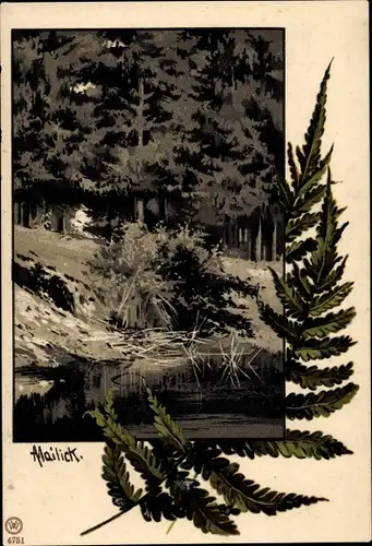 Künstler Litho Mailick, Waldmotiv, Farn, Bäume