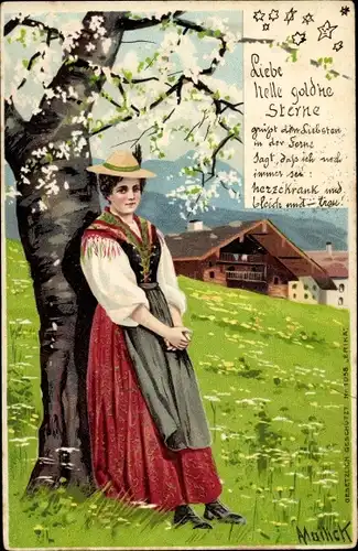 Künstler Litho Mailick, Junge Frau in Tracht, blühender Baum