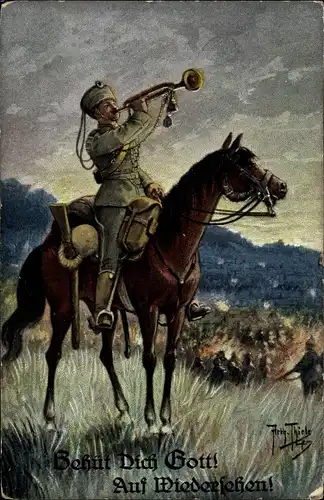 Künstler Ak Thiele, Arthur, Behüt Dich Gott, Auf Wiedersehen, Trompeter in Uniform, Pferd