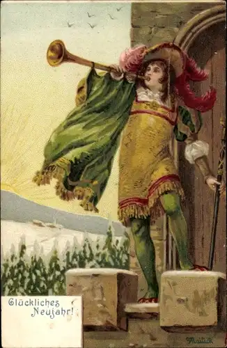 Präge Künstler Litho Mailick, Fröhliches Neujahr, Trompeter