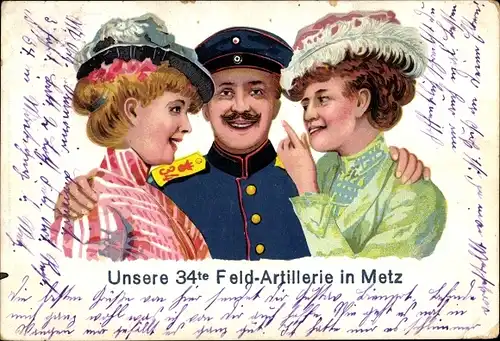 Litho 34. Feld-Artillerie in Metz, Soldat mit zwei Frauen