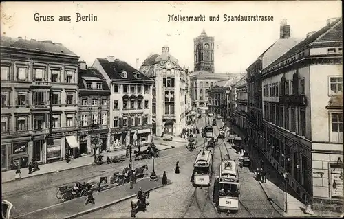 Ak Berlin Mitte, Molkenmarkt und Spandauer Straße, Straßenbahnen, Rathaus, Geschäfte
