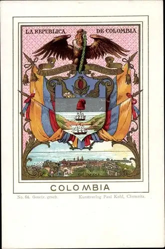 Wappen Ak Kolumbien, Geier, Fahnen