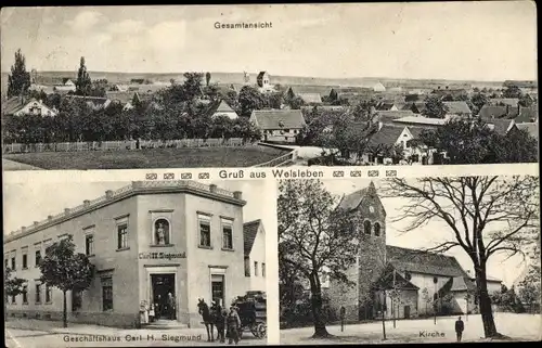 Ak Welsleben Bördeland im Salzlandkreis, Geschäftshaus, Kirche, Totalansicht