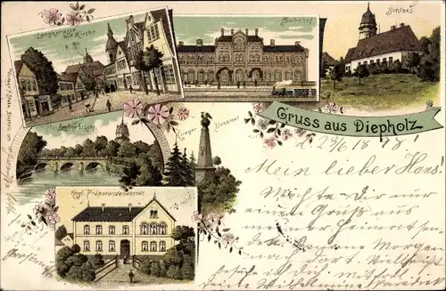 Litho Diepholz Niedersachsen, Langestraße, Kirche, Bahnhof, Schloss, Lohnebrücke, Präparandenanstalt