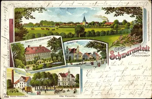 Litho Schwarmstedt im Heidekreis, Rittergut, Poststraße, Villa Warnecke, Mühle