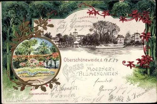 Litho Berlin Köpenick Oberschöneweide, Moerner's Blumengarten, Wasserseite, Rosenplateau