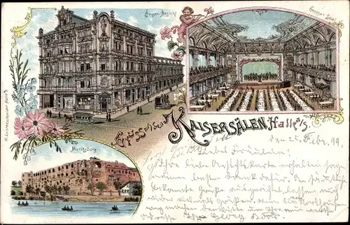 Litho Halle an der Saale, Gruß aus den Kaisersälen, Außenansicht, Moritzburg