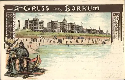 Litho Insel Borkum Ostfriesland, Hotel Victoria, Kaiserhof, Strandhotel