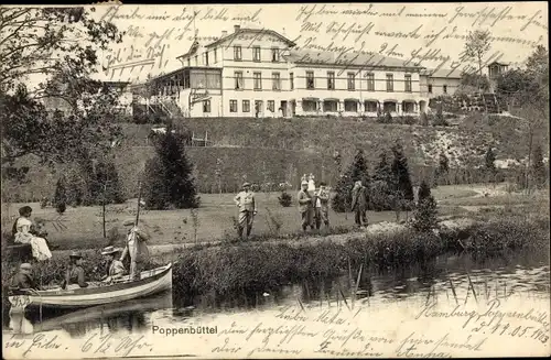 Ak Hamburg Wandsbek Poppenbüttel, Gebäude und Garten, Ruderboot, Personen