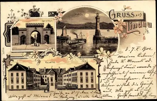 Mondschein Litho Lindau am Bodensee Schwaben, Landtor, Hafen, Kaserne, Leuchtturm