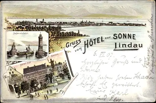 Litho Lindau am Bodensee Schwaben, Hafeneinfahrt mit Löwe, Leuchtturm, Hotel zur Sonne