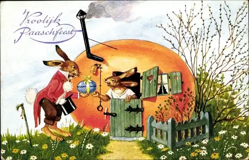 Ak Glückwunsch Ostern, Vermenschlichte Hasen, Eiserhaus