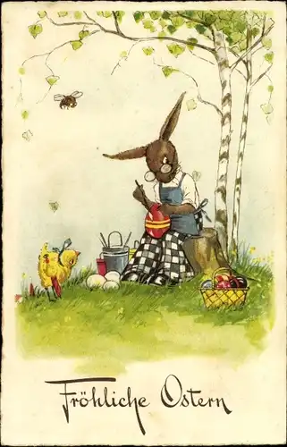 Ak Glückwunsch Ostern, Vermenschlichter Hase bemalt Ostereier