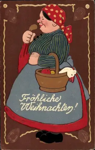 Präge Litho Glückwunsch Weihnachten, Lebkuchen, dicke Frau